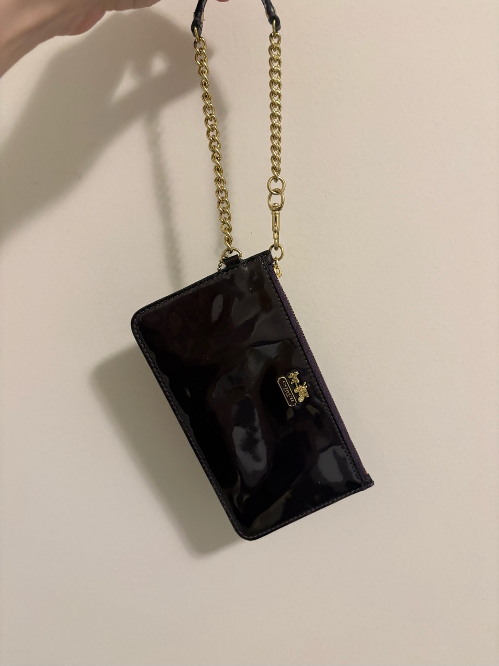 Coach purple Patent Wristlet with Gold Chain Strap